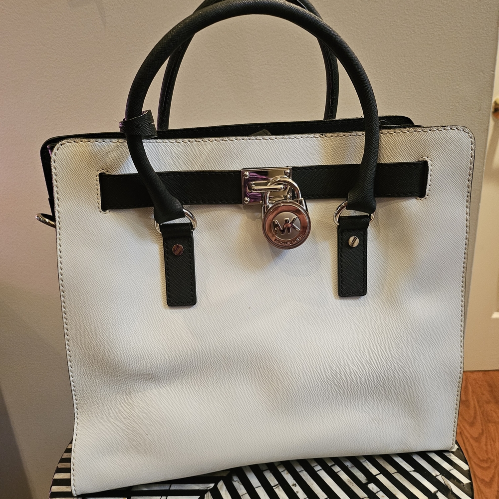 Michael Kors White and Black Tote with Leather and Silver Lock
